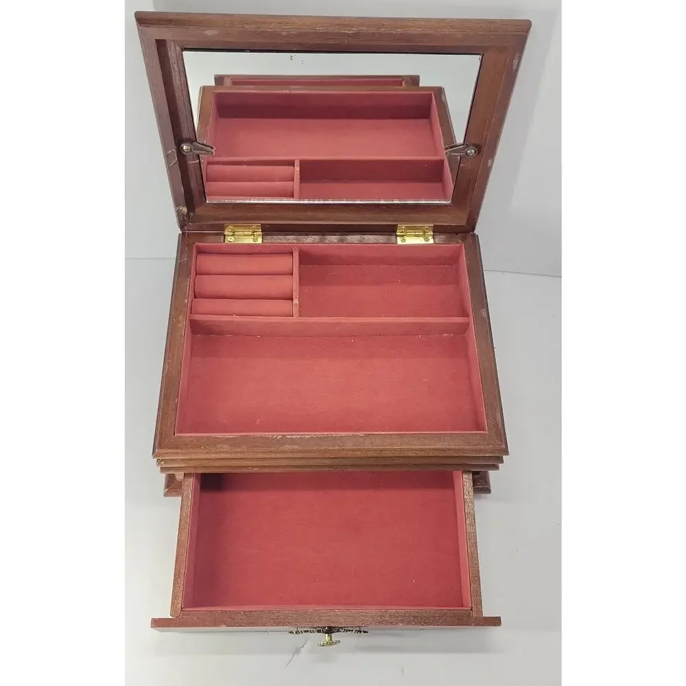 Wooden Jewelry Box with Photo Frame Lid Mirror Drawer Ring Organizer Brown